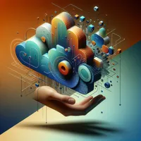 A floating hand with the palm facing up. A cloud symbol hovering above. The cloud is made up of blue and orange geometric shapes.