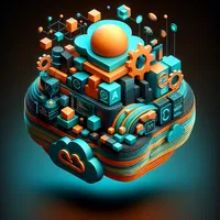 Floating rounded cube made of small cubes. Threedimensional cloud icons and cogs floating around it. The elements are orange, teal and blue.