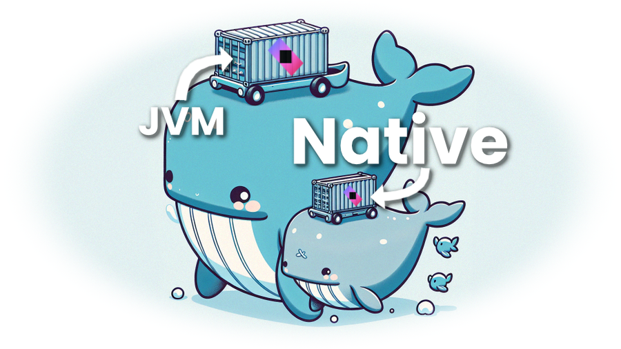 A large and a small Docker whale each carrying a container with the Ktor logo. The larger container on the large whale is labeled JVM. The smaller container on the small whale is labeled Native.